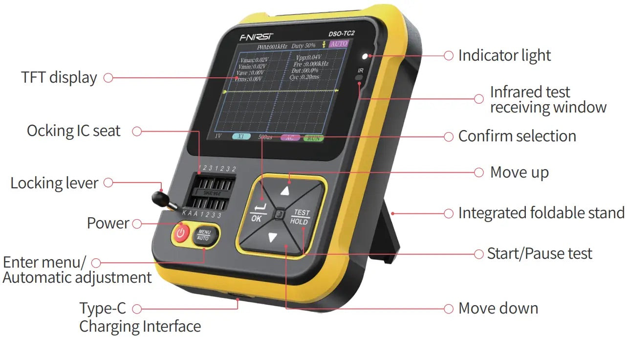 FNIRSI DSO-TC2 Oscilloscope - 2-in-1 Handheld Oscilloscope & Transistor Tester, PWM Square Wave Output, Diode Voltage Continuity Tester, Built-in Hidden Stand, P6100 High Voltage Probe