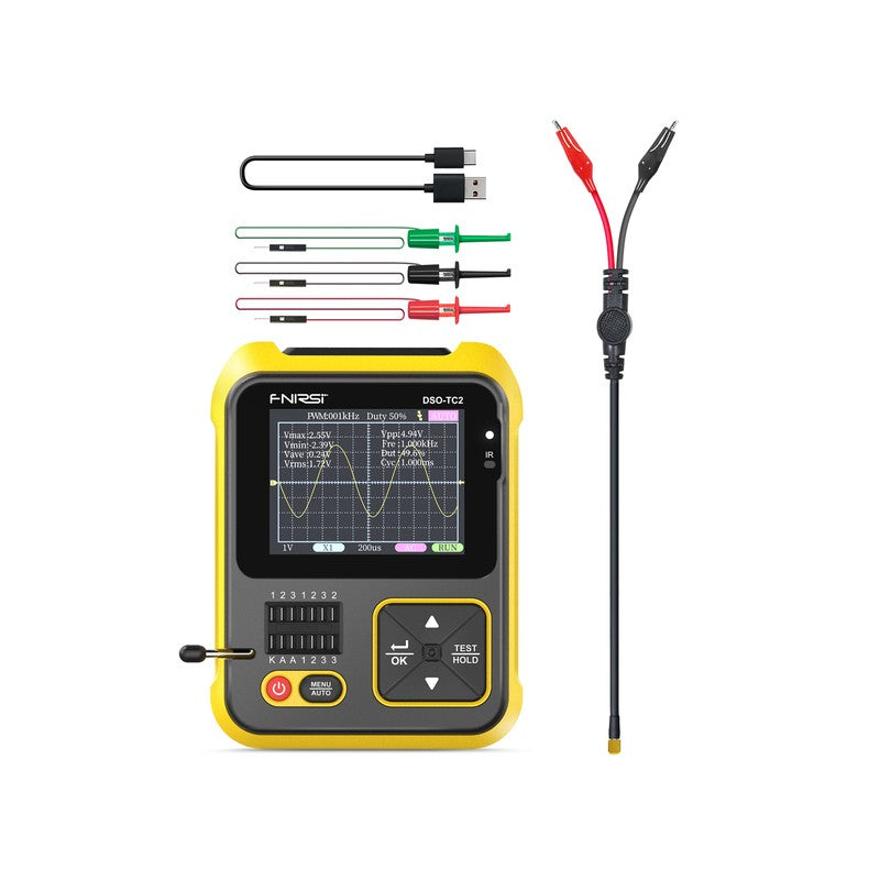 FNIRSI DSO-TC2 Oscilloscope - 2-in-1 Handheld Oscilloscope & Transistor Tester, PWM Square Wave Output, Diode Voltage Continuity Tester, Built-in Hidden Stand, P6100 High Voltage Probe
